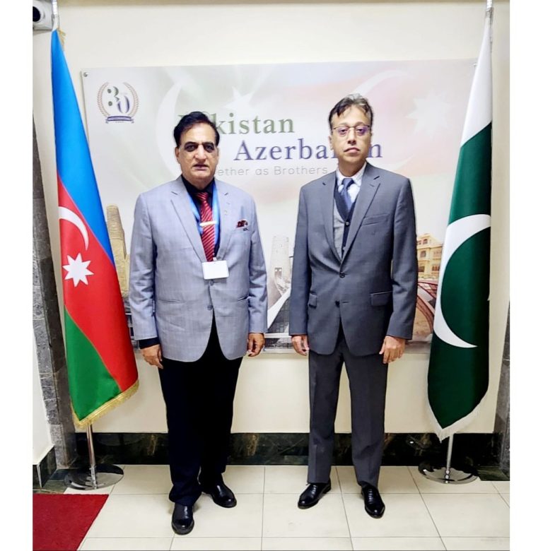 President NIMA, while attending CoP-29 in Baku, met with H.E. Qasim Mohiuddin, Ambassador of Pakistan to Azerbaijan. They discussed several key areas of mutual interest, including collaborative studies on geo-strategic imperatives, opportunities for advancing aquaculture, enhancing transit trade through Pakistani ports, and fostering greater collaboration with various think tanks in Pakistan. The Ambassador assured his commitment to supporting these efforts.