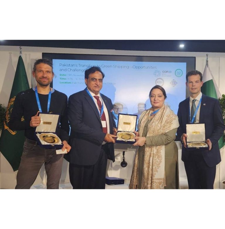 NIMA, in collaboration with KPT, held a panel discussion at Pakistan Pavilion of COP29. Dr.Fasiha moderated the session & introduced the topic, i.e., the significance of transitioning to green shipping practices in the pursuit of the Paris Agreement. The panellists included Mr. Camille Bourgeon; technical officer at IMO, Mr. Marek Harsdorff; technical officer at ILO, Vice Admiral (Retd) Ahmed Saeed; President NIMA, Cdre (Retd)Raheel Masood; Proj Dir NIMA and Mr Muhammad Nadeem; representative of KPT.