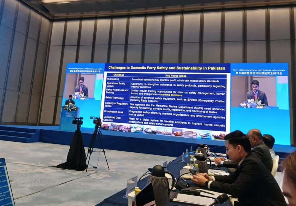 Mr. Wajih Ur Rehman, Research Associate at National Institute of Maritime Affairs, presented Pakistan's Ferry Safety Country Profile at the 5th ASEAN Regional Forum (ARF) Workshop on Ferry Safety in Guangzhou, China on 30 Oct 24. The aim of the presentation was to provide the status of ferry operations in Pakistan, their governance structure, and the safety practices being undertaken. The Forum provided a platform to engage with regional countries to learn from their experiences in domains of maritime governance, safety of life at sea and technological best practices.