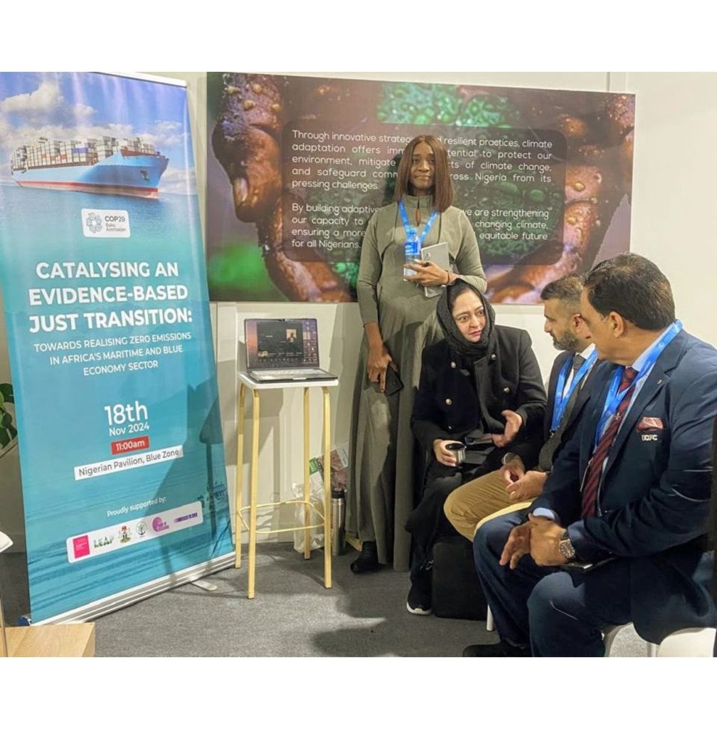 Our team is proud to participate in Nigeria Pavilion's event at COP29 on "Catalysing an Evidence-Based Just Transition: Towards Realizing Zero Emissions in Africa’s Maritime and Blue Economy Sector." Together, we’re exploring innovative pathways for a sustainable and inclusive blue economy while fostering global collaboration for zero-emission solutions.